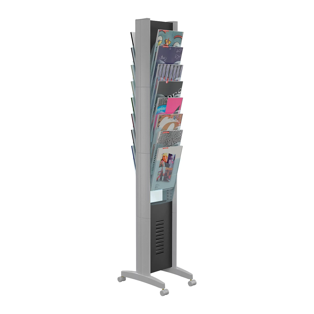 Gray magazine rack with multiple compartments for magazines and brochures.
