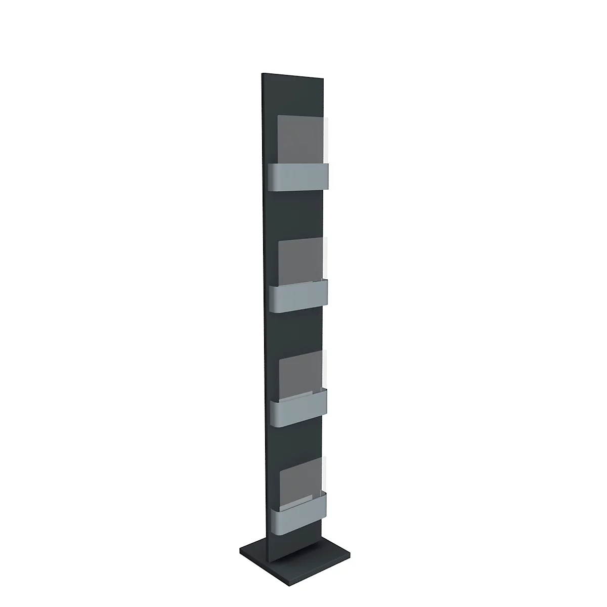 Grey advertising product. Black stand with several gray shelves for brochures.