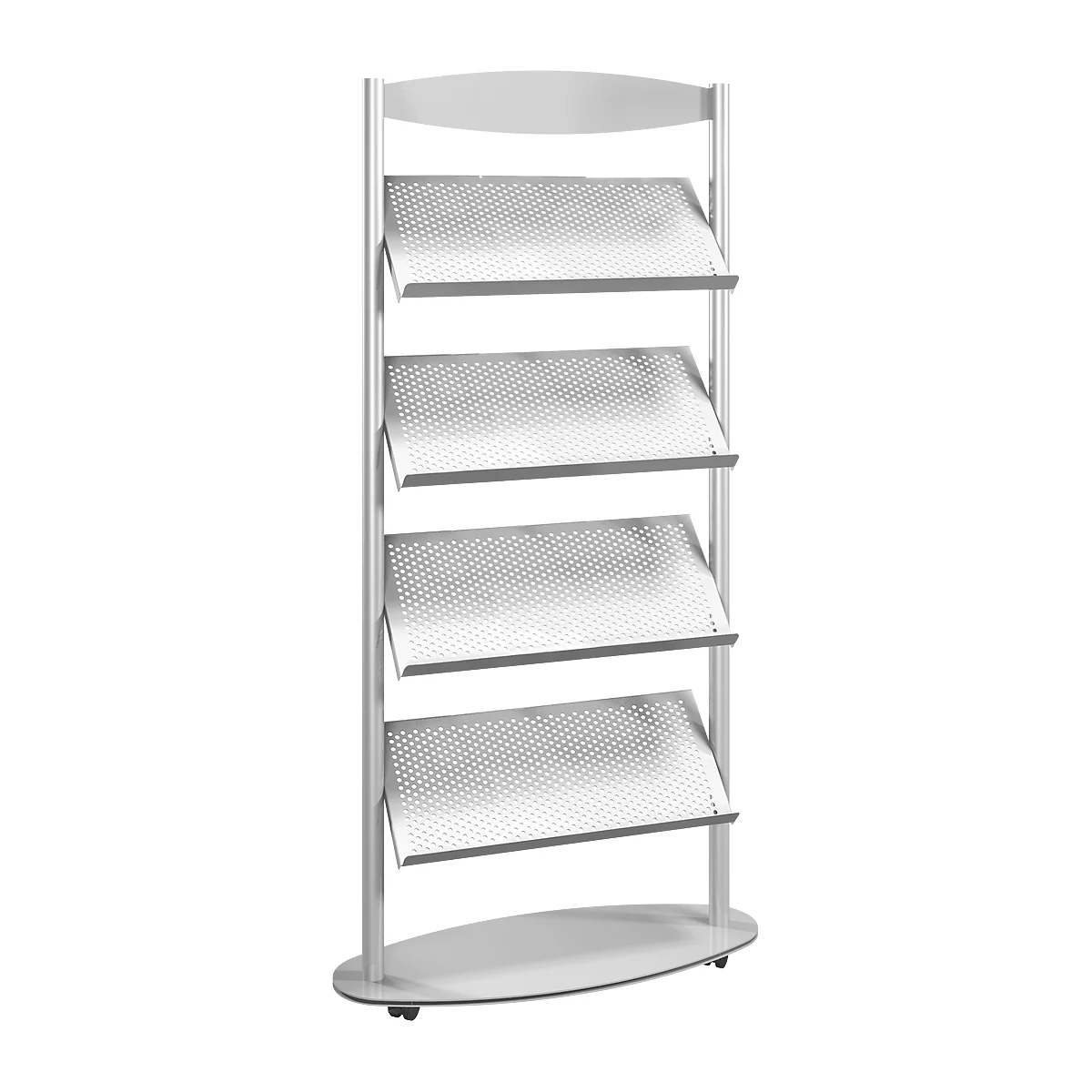 Silver brochure holder with perforated shelves. On castors.