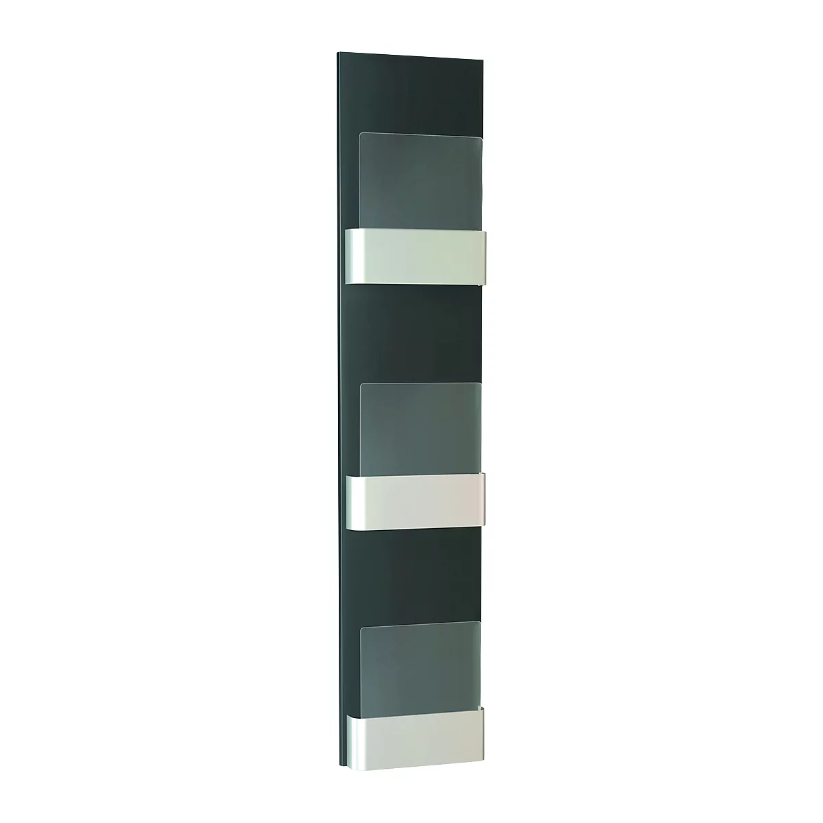 Vertical anthracite radiator with three white shelves.