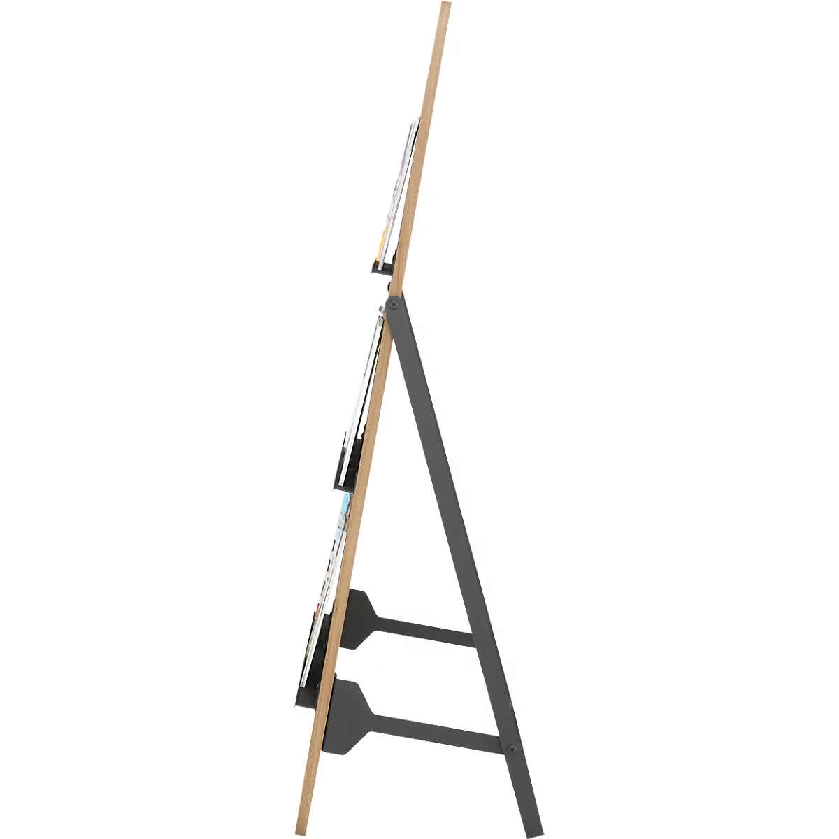 Een grijze ezelstandaard die documenten vasthoudt, in profiel. Houten frame, zwarte metalen structuur.