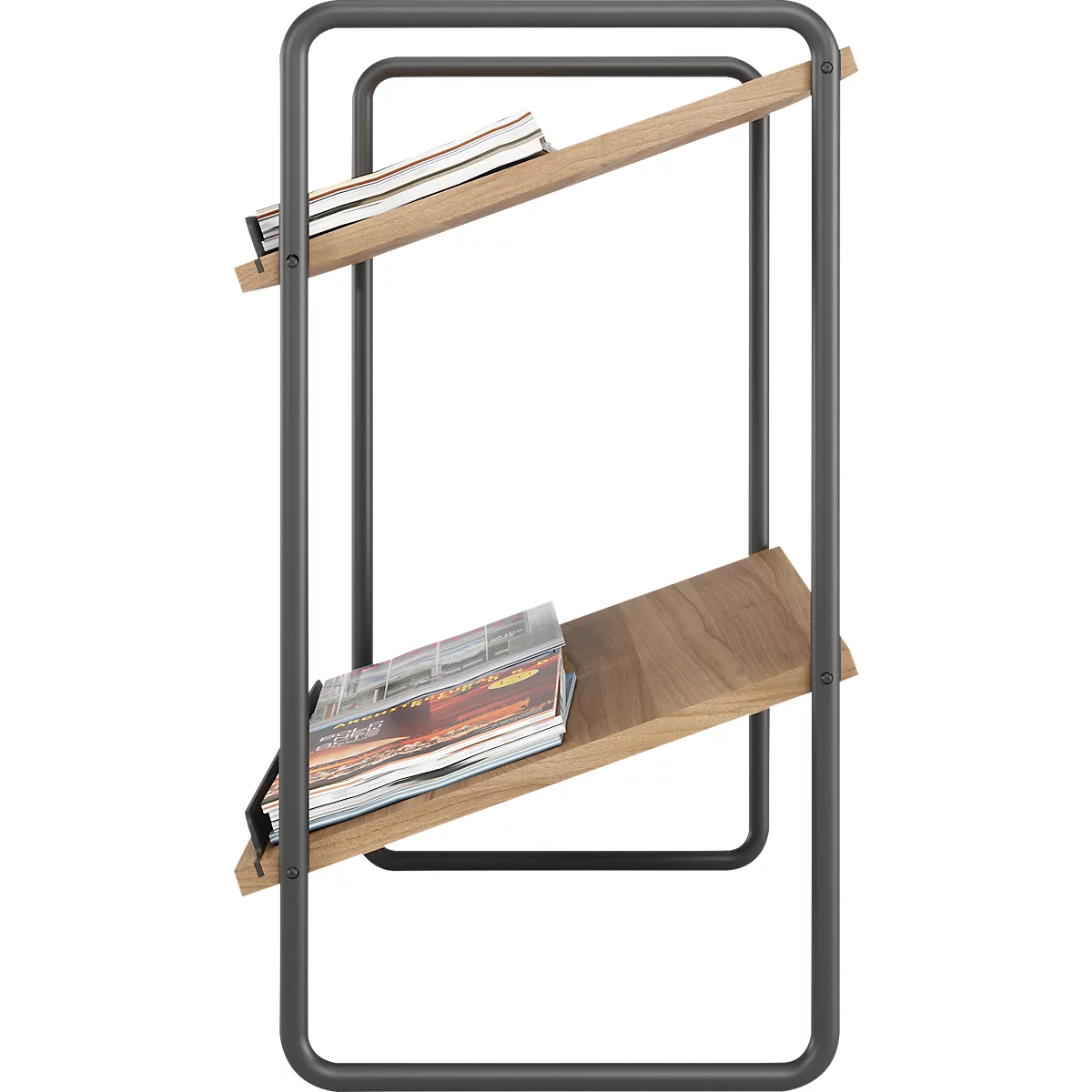Grijs metalen frame met twee houten planken. Tijdschriften en boeken liggen op de planken.
