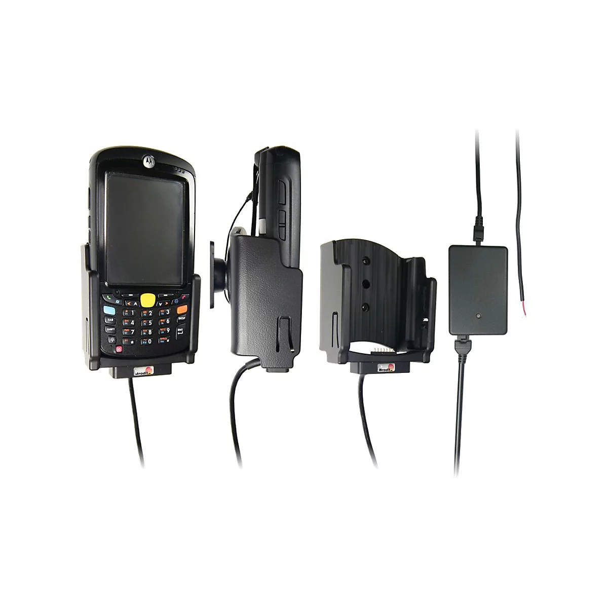 Draufsicht auf ein mobiles Datenerfassungsgerät mit Halterungen und Netzteil auf weißem Hintergrund.