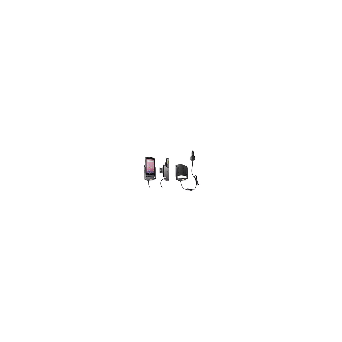 Drei Ansichten einer Gerätehalterung für ein mobiles Datenerfassungsgerät, ein schwarzes Gerät mit angeschlossenem Ladekabel.