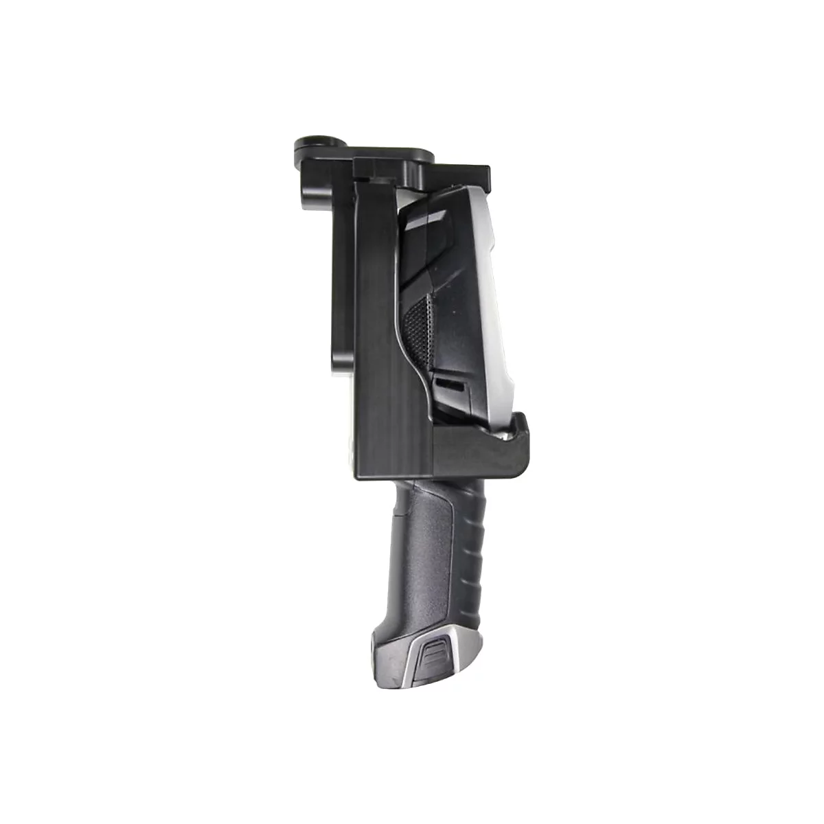 Ein schwarzes Handgerät in einer Halterung mit Griff, Display und Tasten. Hintergrund weiß.