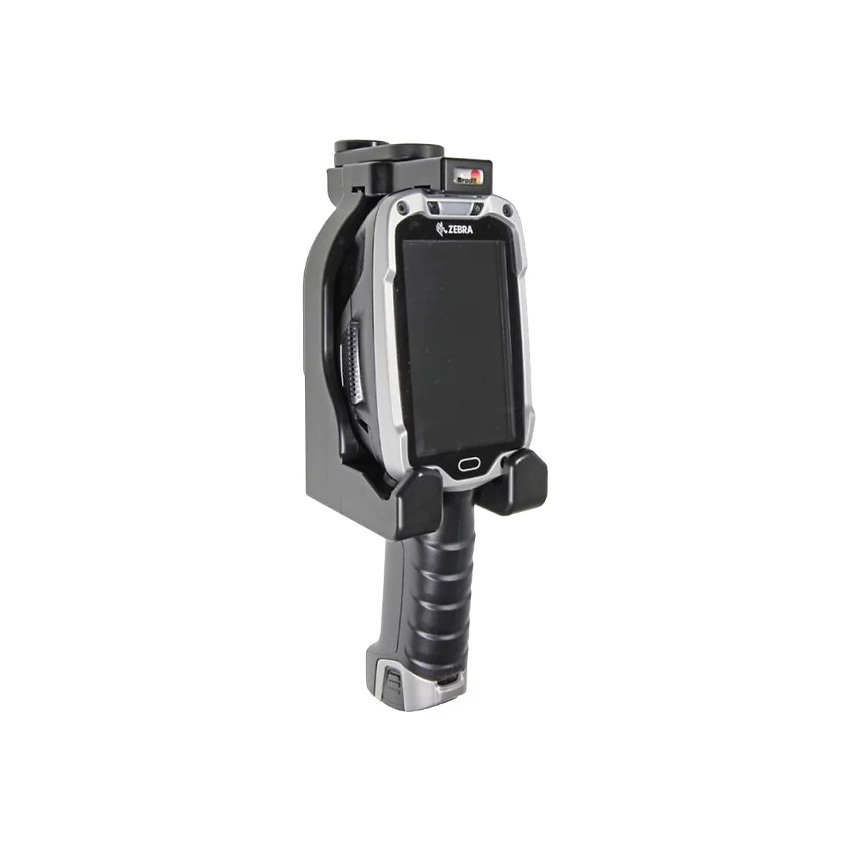 Handscanner von Zebra in Halterung, schwarzer Griff, Display, Logo.