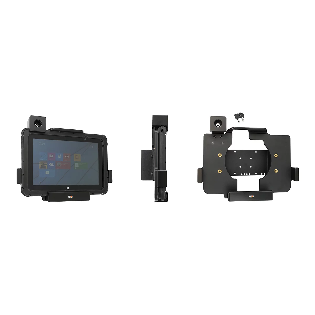 Draufsicht auf ein Tablet in einer Halterung mit seitlichen Lautsprechern, links, seitlich und als Halterung. Schlüssel sind enthalten.