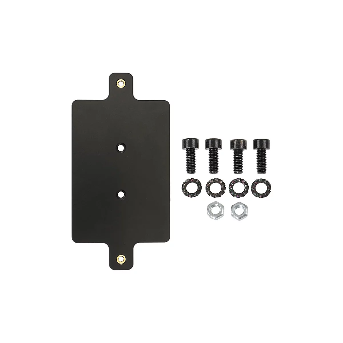 Schwarze Metallplatte mit Schrauben, Unterlegscheiben und Muttern auf weißem Hintergrund.