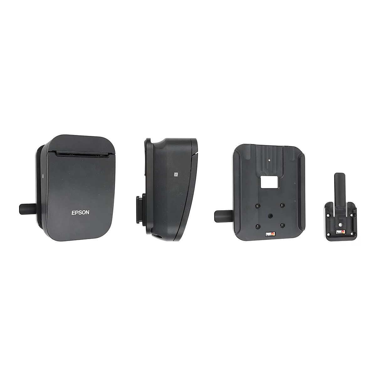 Verschiedene schwarze Geräte, Drucker und Halterungen, vor weißem Hintergrund. Das Epson-Logo ist sichtbar.