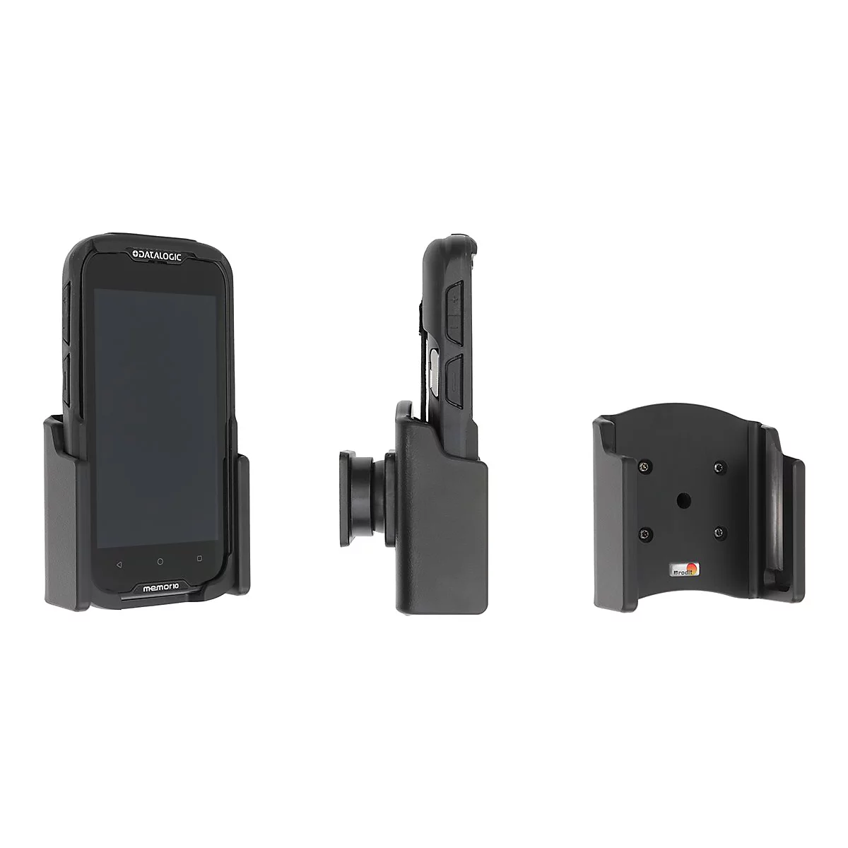 Drei Ansichten eines schwarzen Barcode-Scanners in Halterungen. Der Scanner ist links, daneben die Seitenansicht mit Halterung, rechts die Halterung.