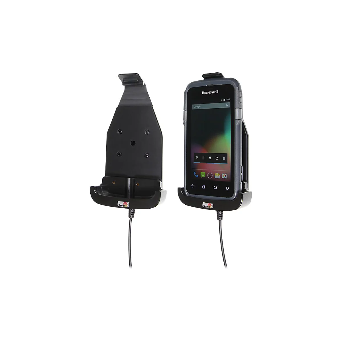 Schwarze Brodit Gerätehalterung mit Ladekabel, einmal leer und einmal mit eingesetztem Honeywell Mobilgerät.