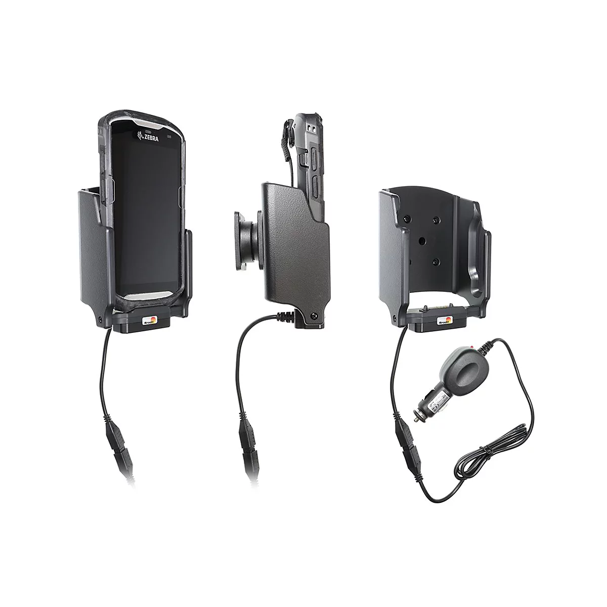 Halterung für Zebra-Geräte in drei Ansichten mit Ladekabel und Kfz-Stecker.