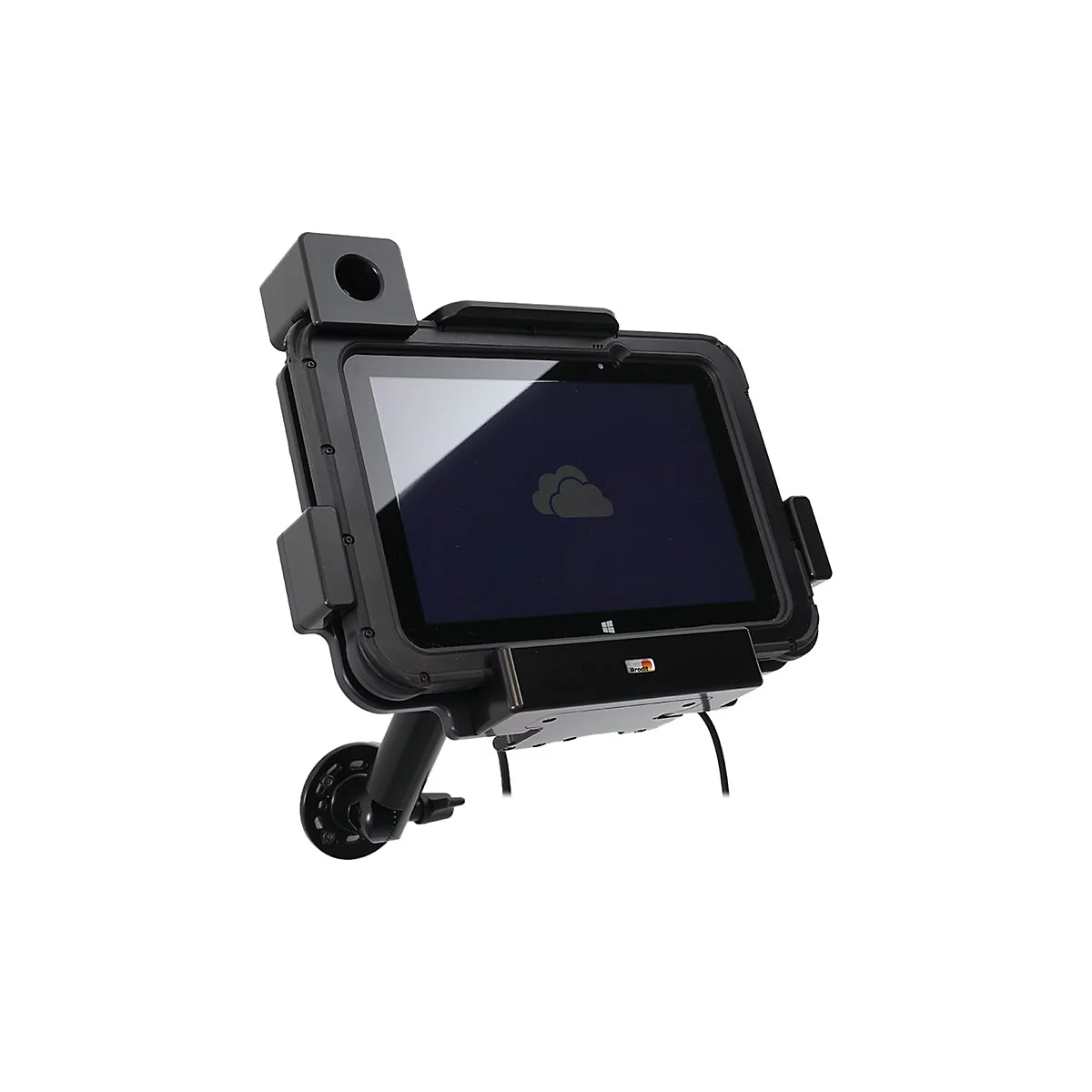 Ein schwarzes Tablet in einer Halterung. Auf dem Display ist ein Wolkensymbol zu sehen, es ist vor einem weißen Hintergrund abgebildet.