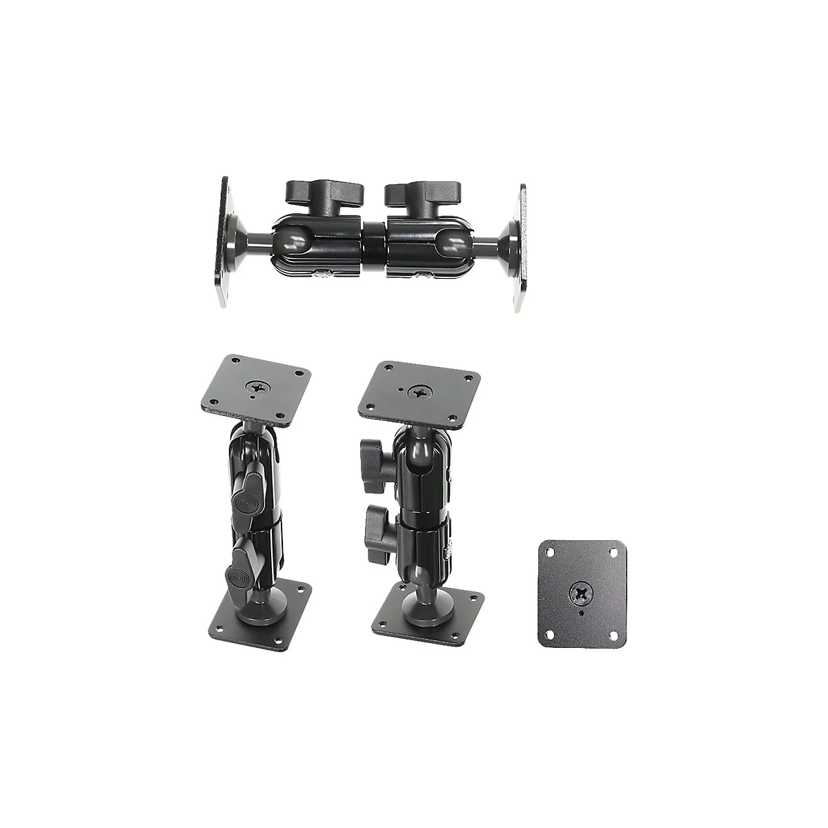 Mehrere schwarze Kugelgelenkhalterungen auf weißem Hintergrund, teilweise montiert, detaillierte Ansichten.