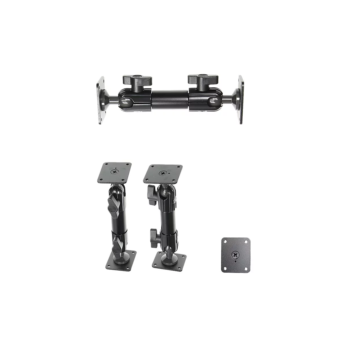 Mehrteiliger schwarzer Halter für elektronische Geräte. Oberhalb zwei montierte Halter mit Kugelgelenken, darunter zwei weitere Halter und eine einzelne Halteplatte.