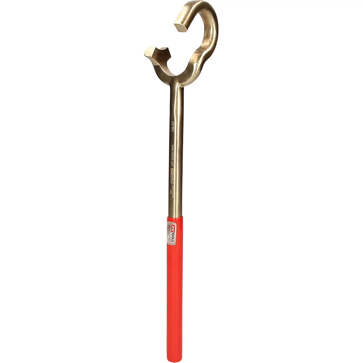 Ein Werkzeug, das aus Metall mit einer gebogenen, hakenförmigen Spitze und einem roten Griff besteht.