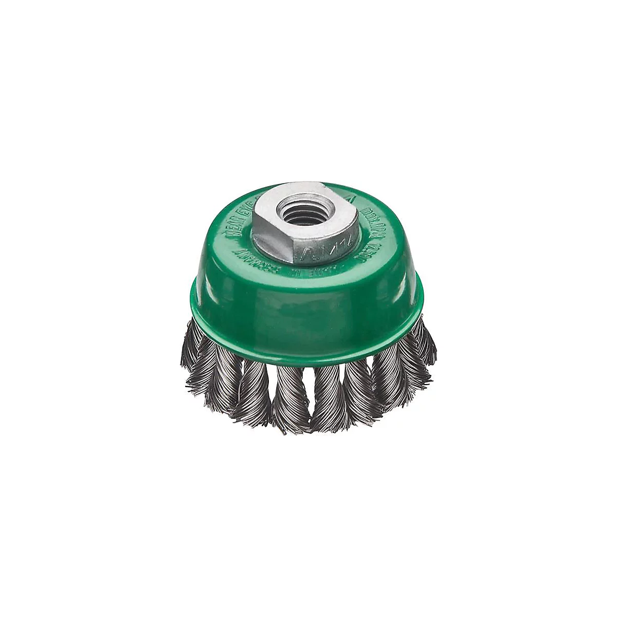 Brosse métallique, verte et métallique, avec une vis au centre.