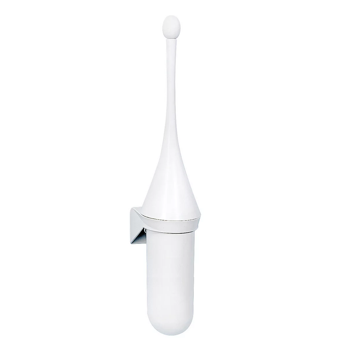 Ensemble de brosse WC blanc fixé au mur au design moderne sur fond blanc.