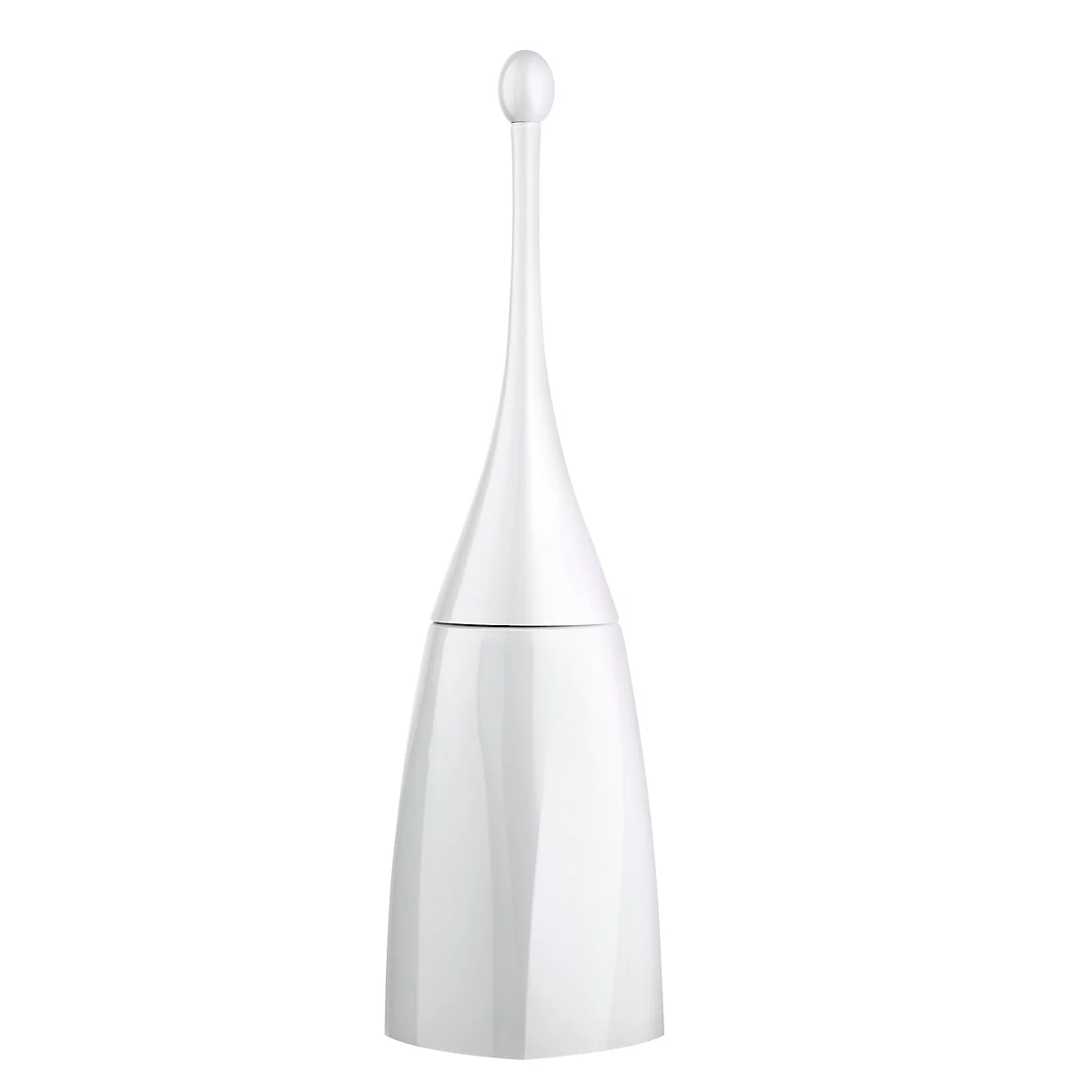 Ensemble brosse de toilette blanc brillant au design moderne en forme de goutte.