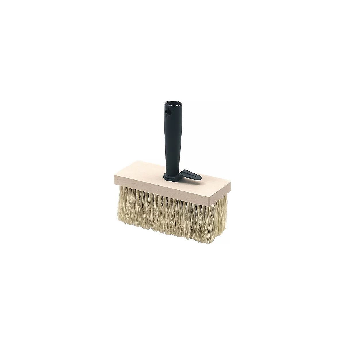 Pinceau de peintre avec cadre en bois, manche noir et soies claires. Une petite pointe noire dépasse du cadre en bois.