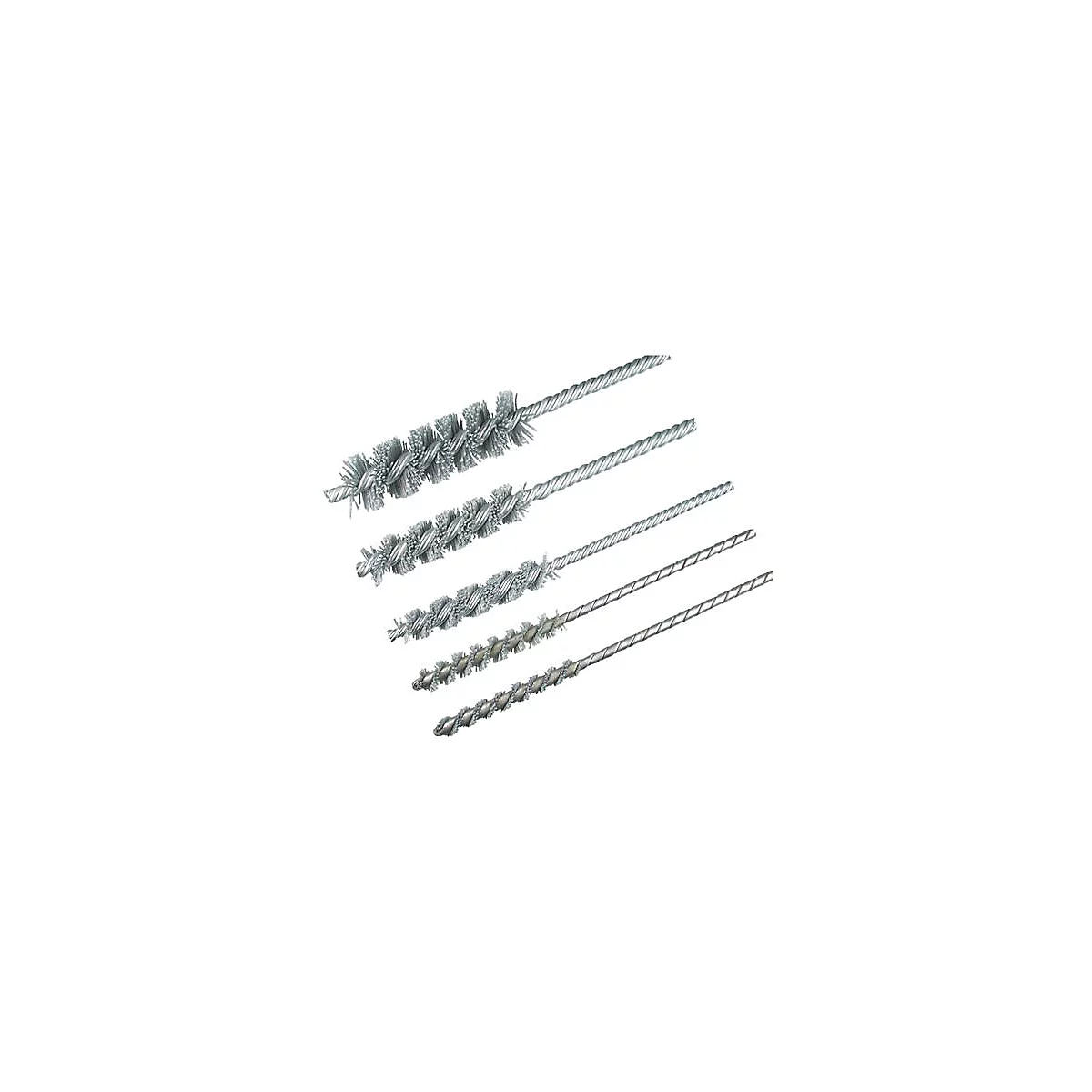 Cinq brosses métalliques de différents modèles, disposées en diagonale du bas à gauche vers le haut à droite.