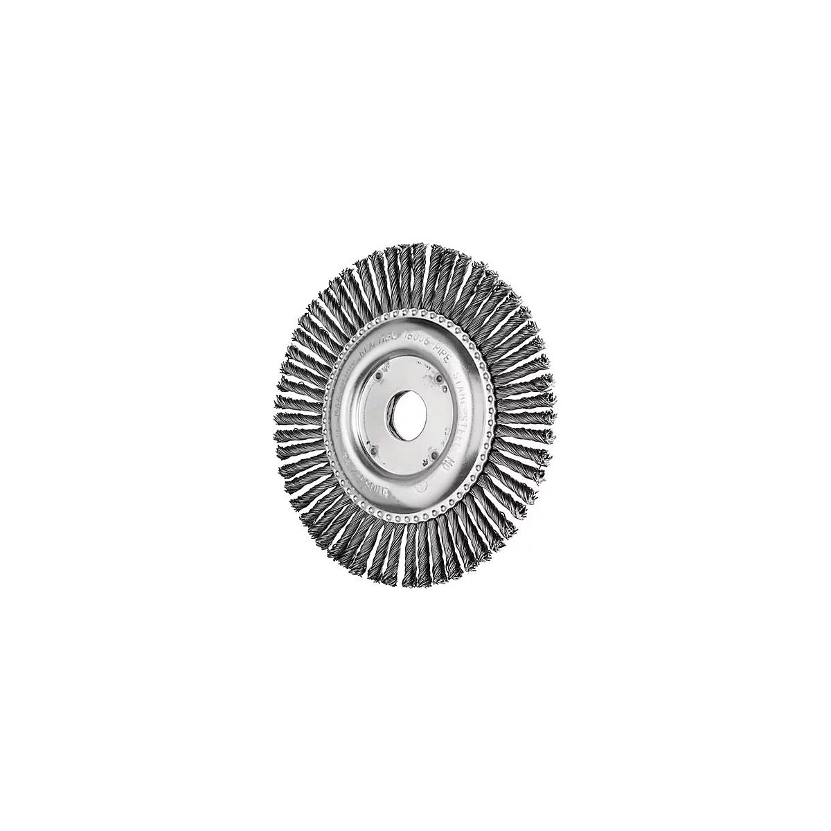 Brosse métallique ronde en acier. Texte : Acier inoxydable, 15000 RPM.