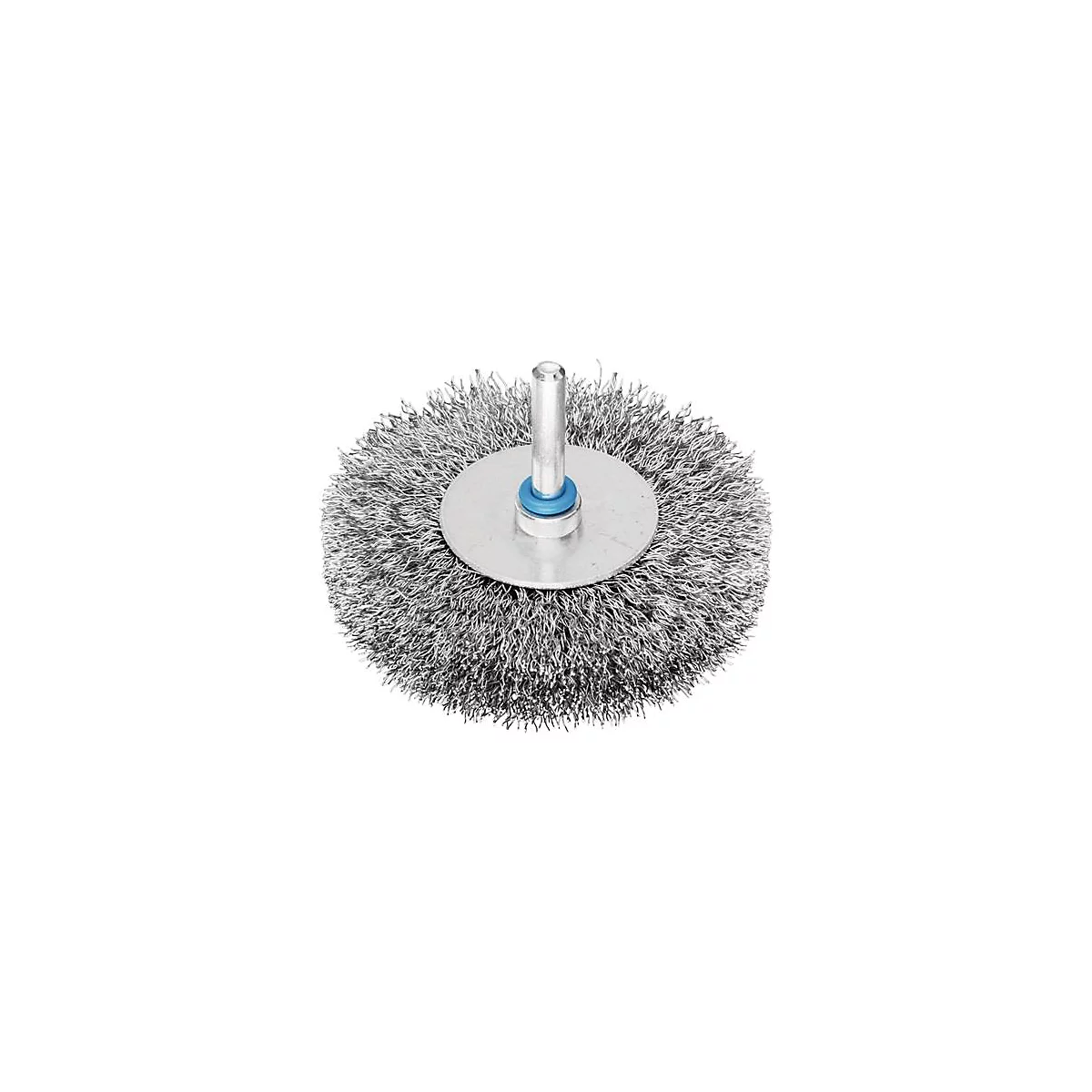 Brosse métallique avec poils circulaires, tige métallique et bague bleue.