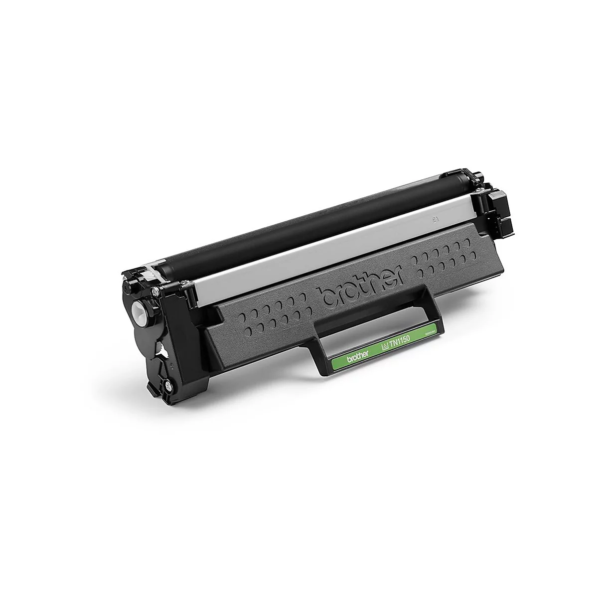 Ein schwarzer Brother-Toner, teils grau und silber, mit der Aufschrift "Brother" und "TN1150".