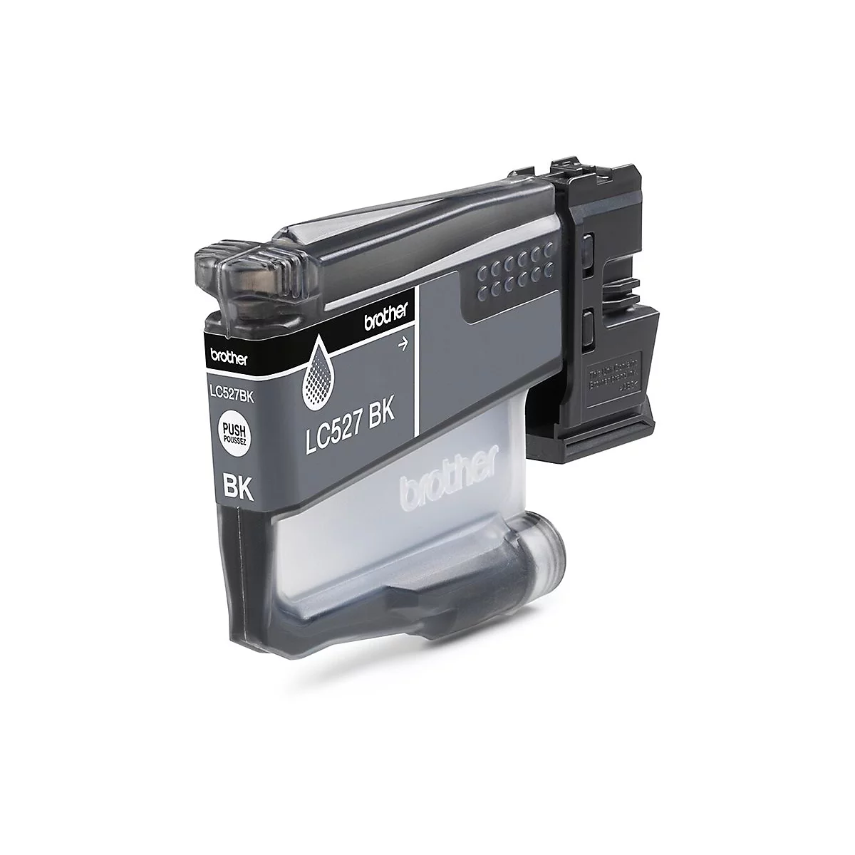 Cartouche d'encre Brother noire LC527 BK. Le logo Brother, le numéro de modèle et les instructions sont visibles.