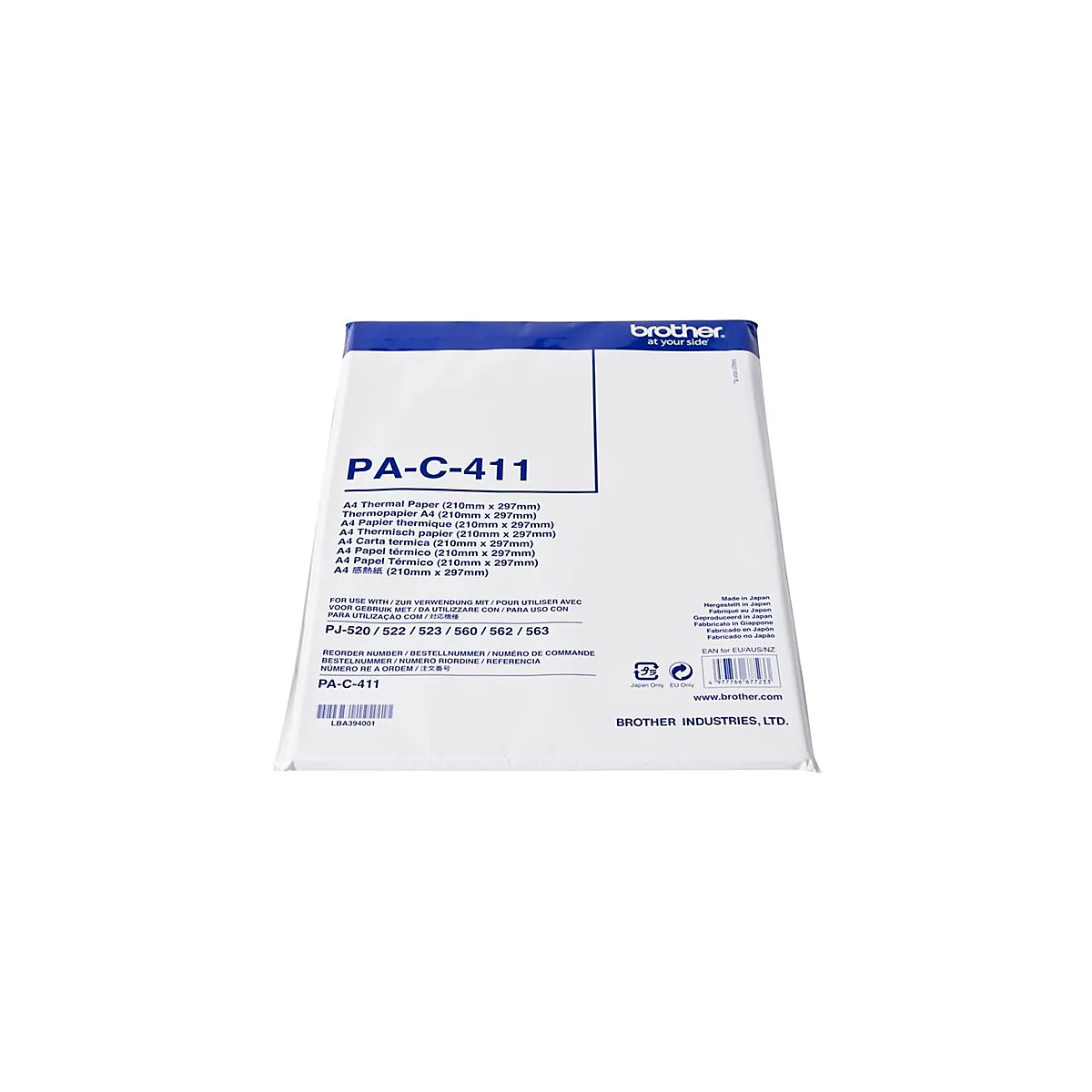 Packung A4-Thermolpapier mit weißem Hintergrund. Aufschrift: PA-C-411 und Brother-Logo.