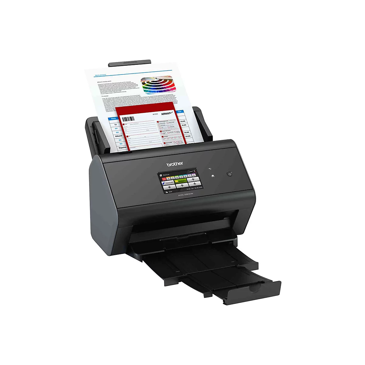 Schwarzer Brother Dokumentenscanner mit eingelegtem Papier auf weißem Hintergrund.