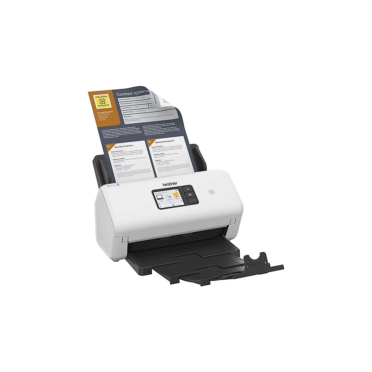 Ein weißer Brother Dokumentenscanner mit eingelegtem Vertragspapier vor einem neutralen Hintergrund.