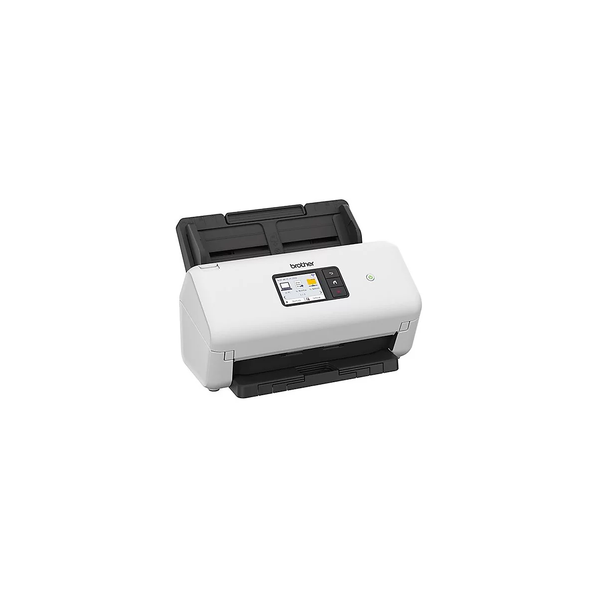 Weißer Brother Dokumentenscanner mit Touchscreen-Display und schwarzer Papierablage vor weißem Hintergrund.