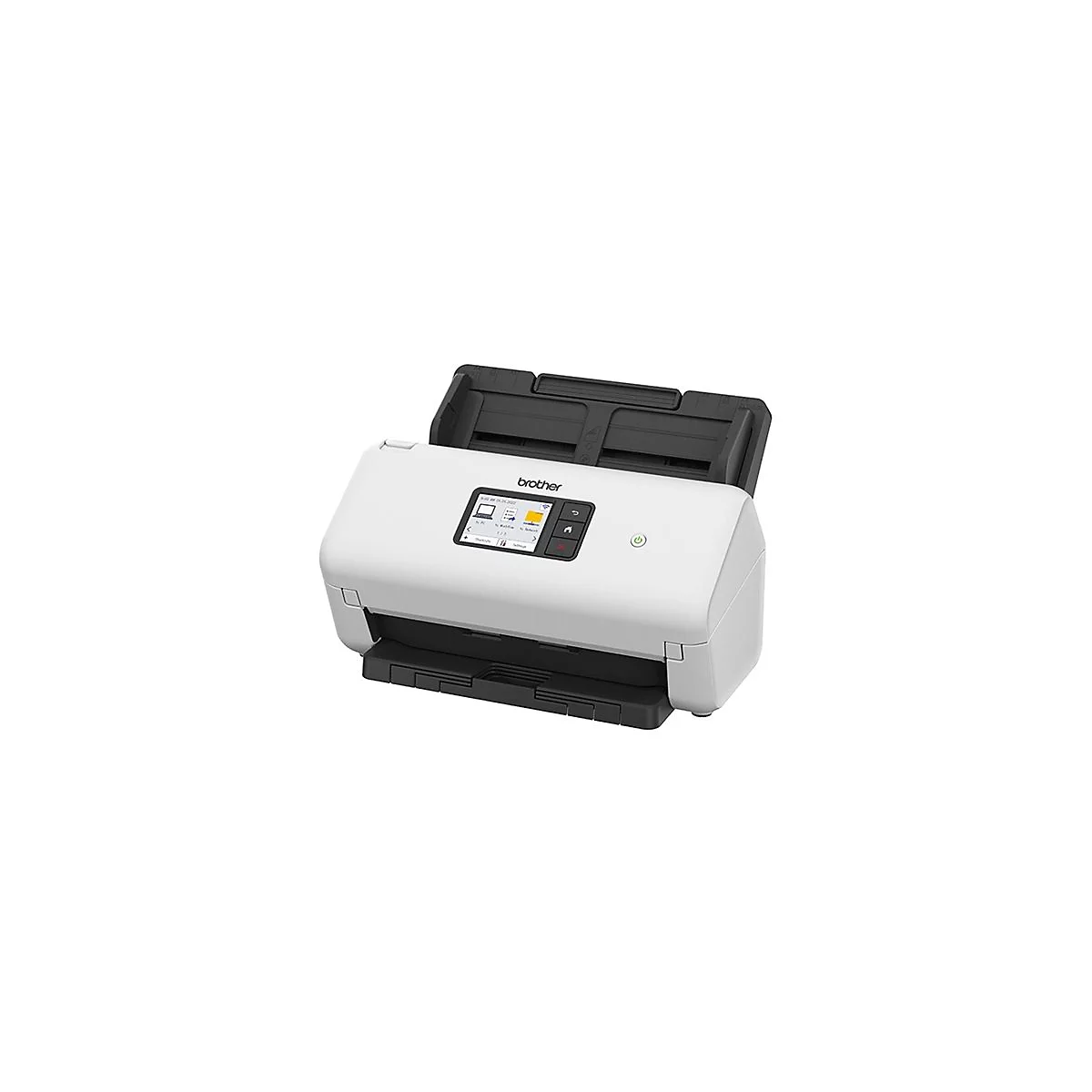 Weißer Brother-Dokumentenscanner mit Touchscreen-Display und schwarzem Papiereinzug vor weißem Hintergrund.