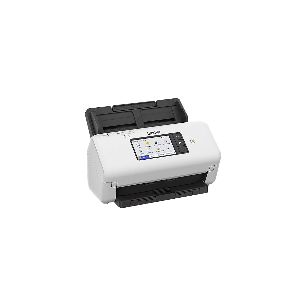Weißer Brother Dokumentenscanner mit Touchscreen-Display vor neutralem weißem Hintergrund.