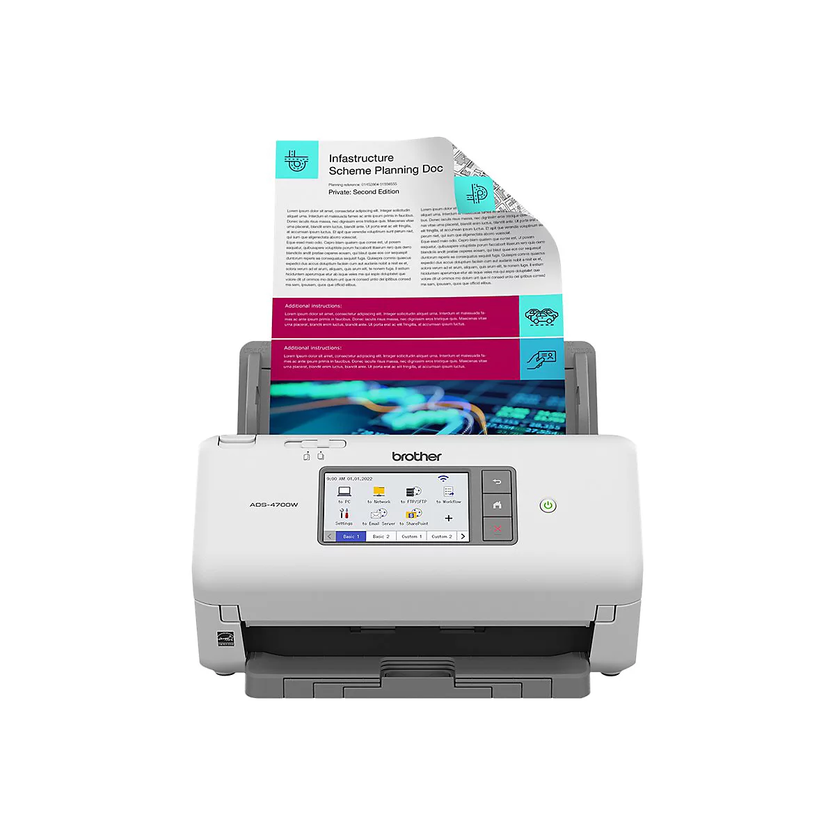 Ein weißer Brother ADS-4700W Dokumentenscanner mit einem eingelegten Dokument und Touchscreen-Display.