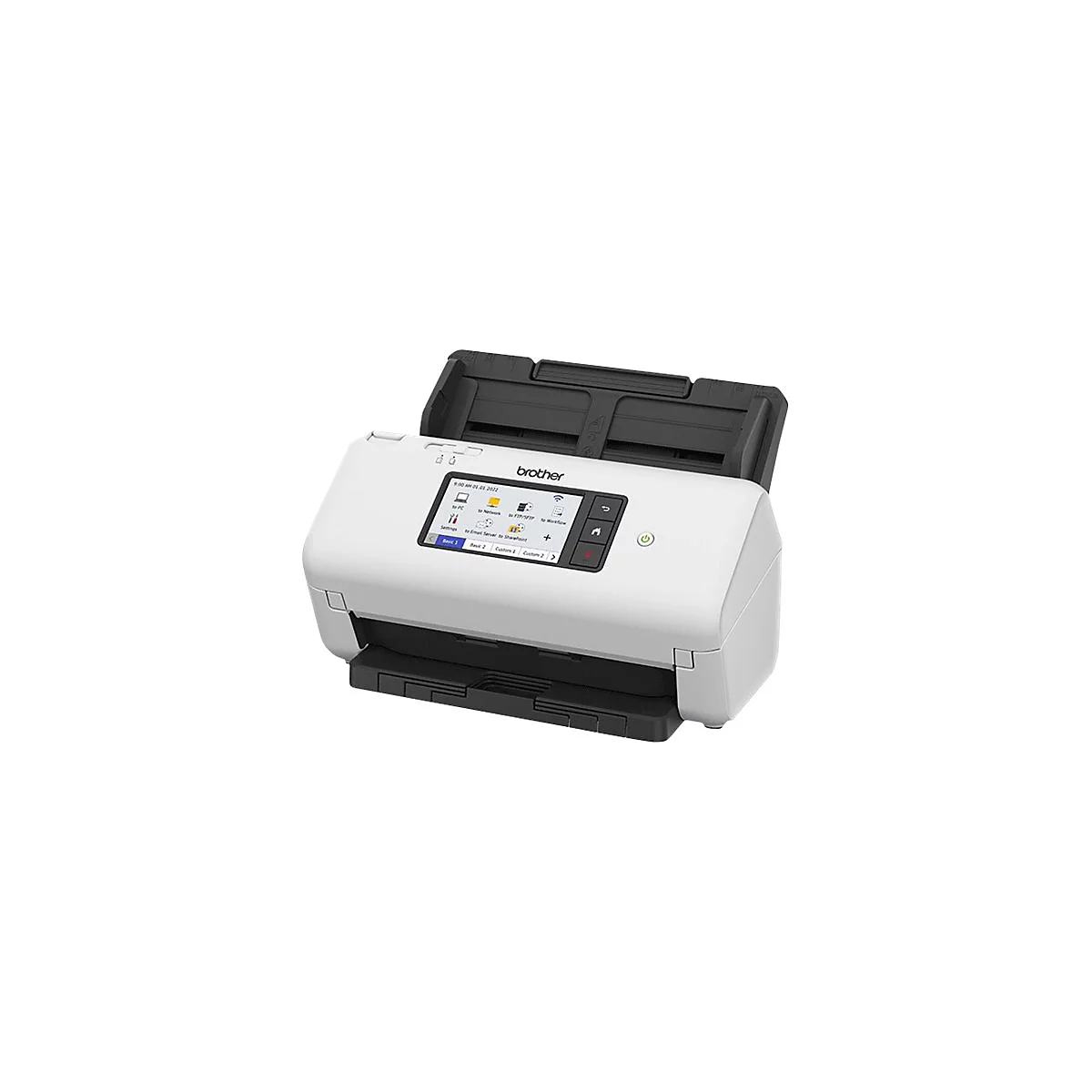 Weißer Brother Dokumentenscanner mit Touchscreen-Display und ausklappbarem Papiereinzug auf weißem Hintergrund.
