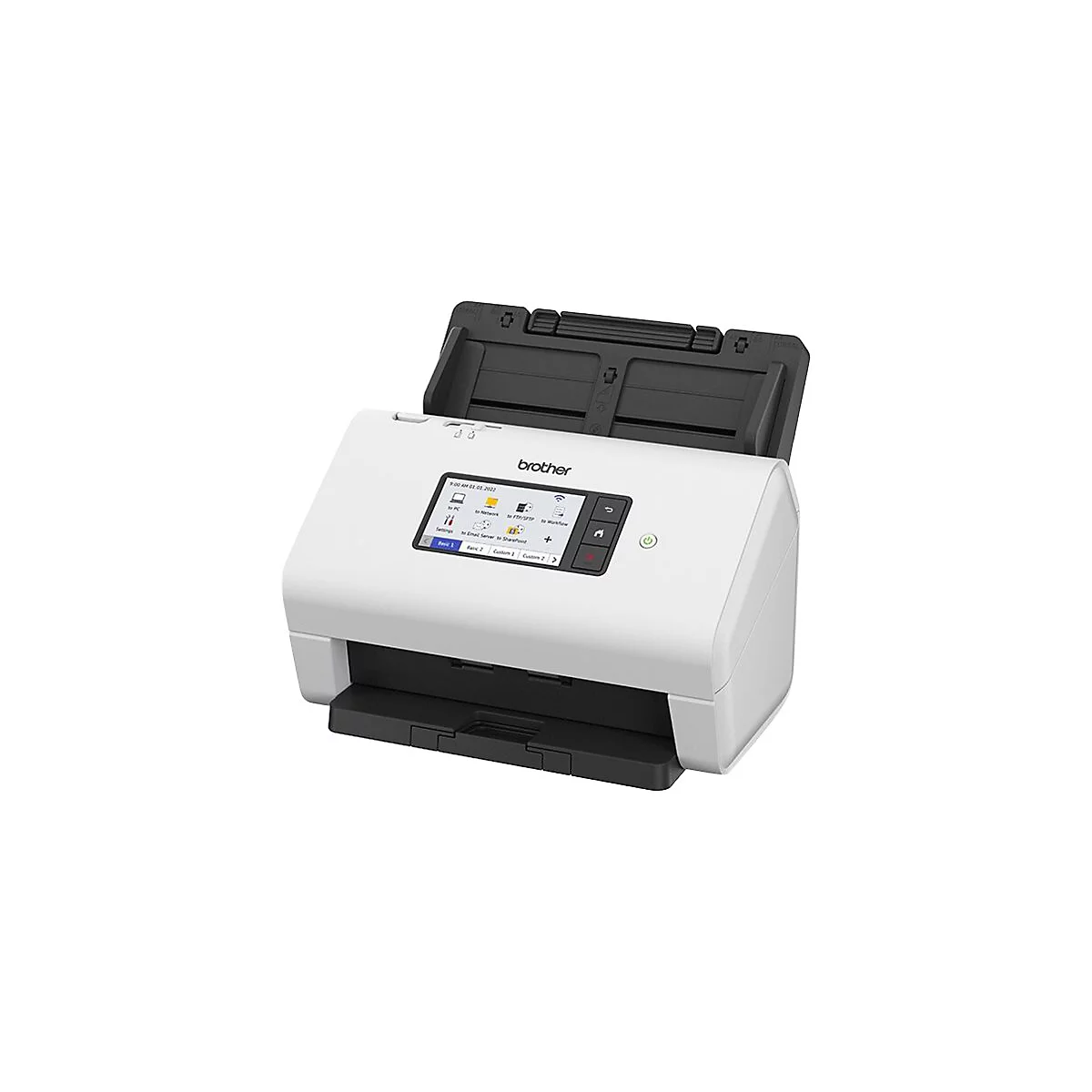 Un scanner Brother blanc avec le couvercle ouvert. L'écran affiche des options telles que "Vers PC", "Vers réseau" et plus encore.