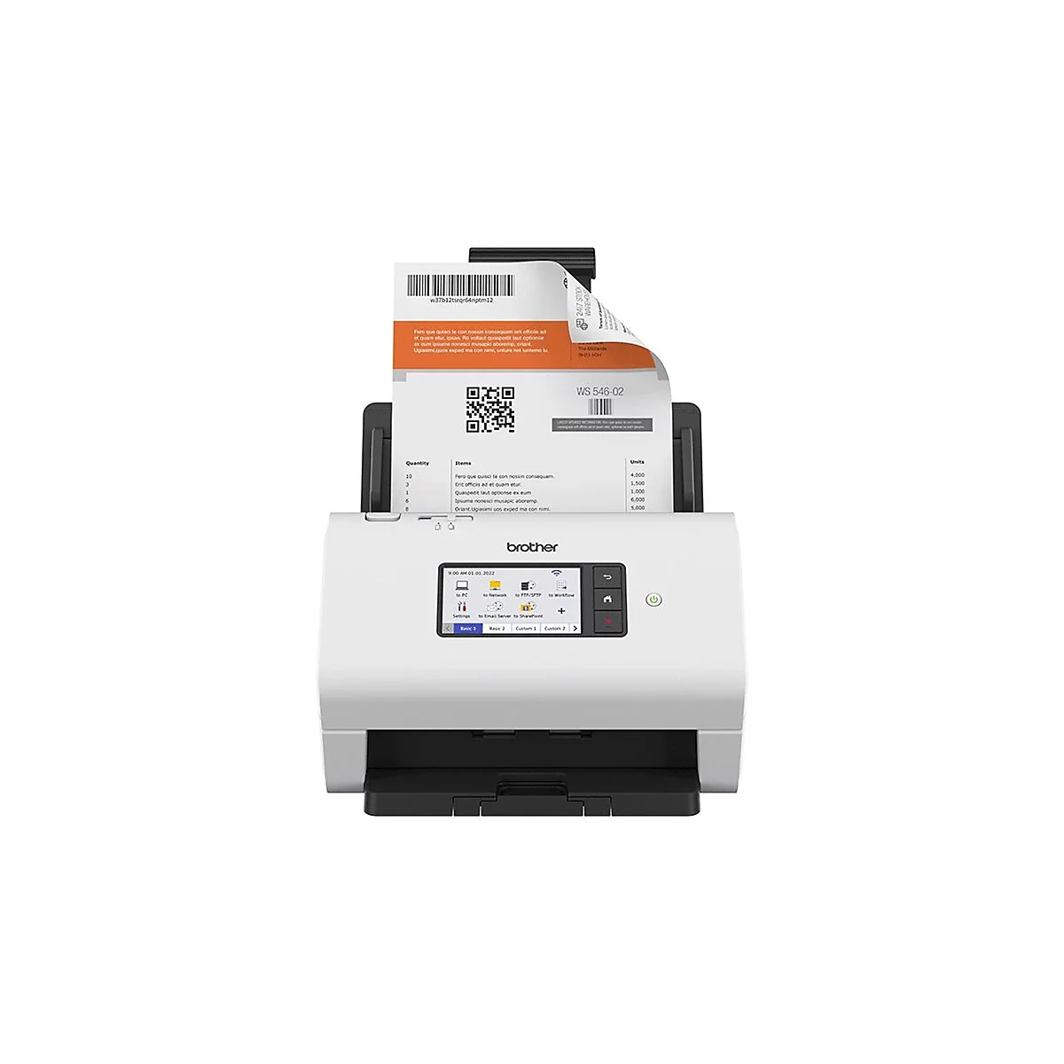 Scanner Brother blanc avec un document dans le bac de numérisation. L'écran affiche des options à sélectionner. Des codes QR et du texte sont visibles sur le document.