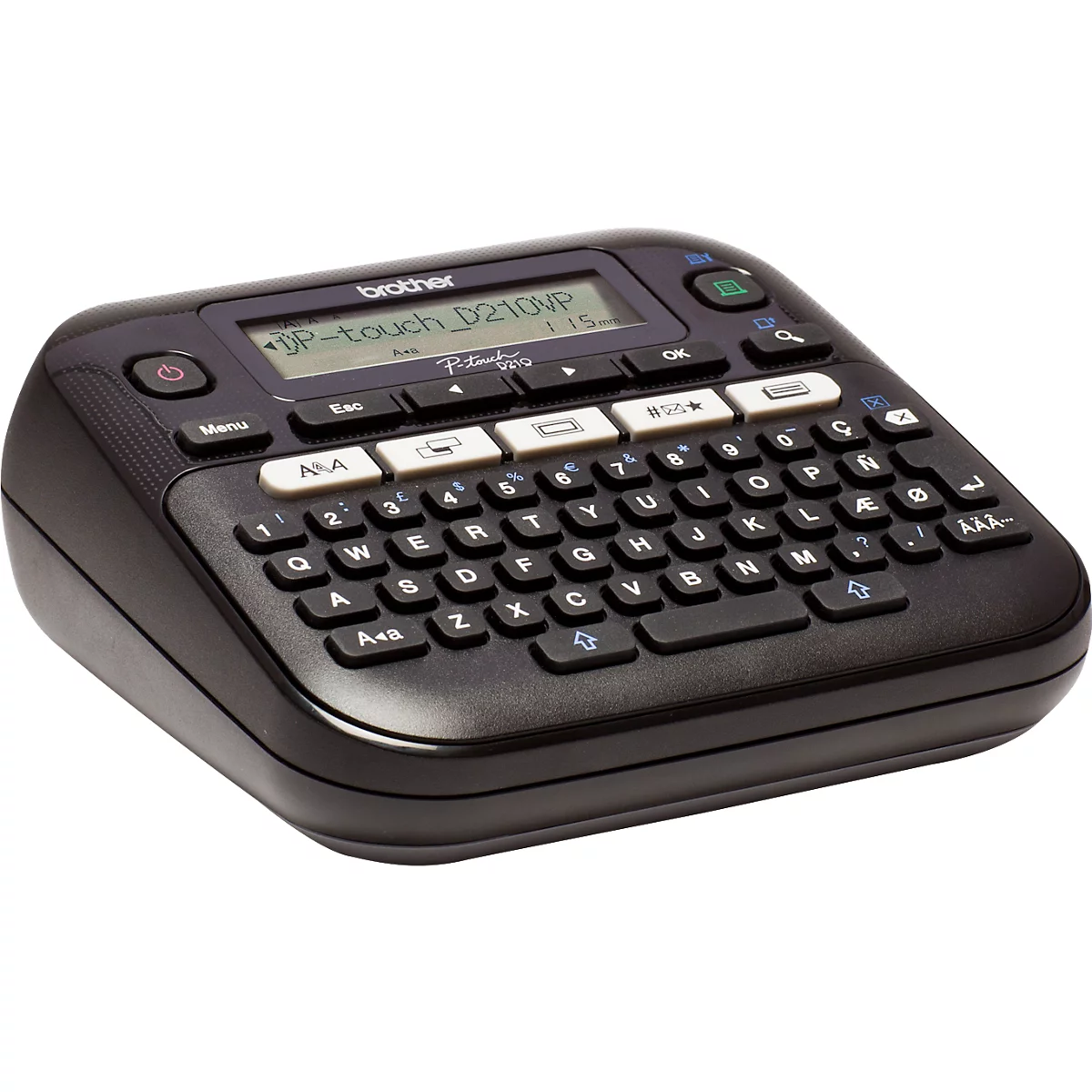 Schwarzer Brother P-touch Etikettendrucker mit QWERTZ-Tastatur und Display. Auf dem Display steht: DP-touch D210VP.