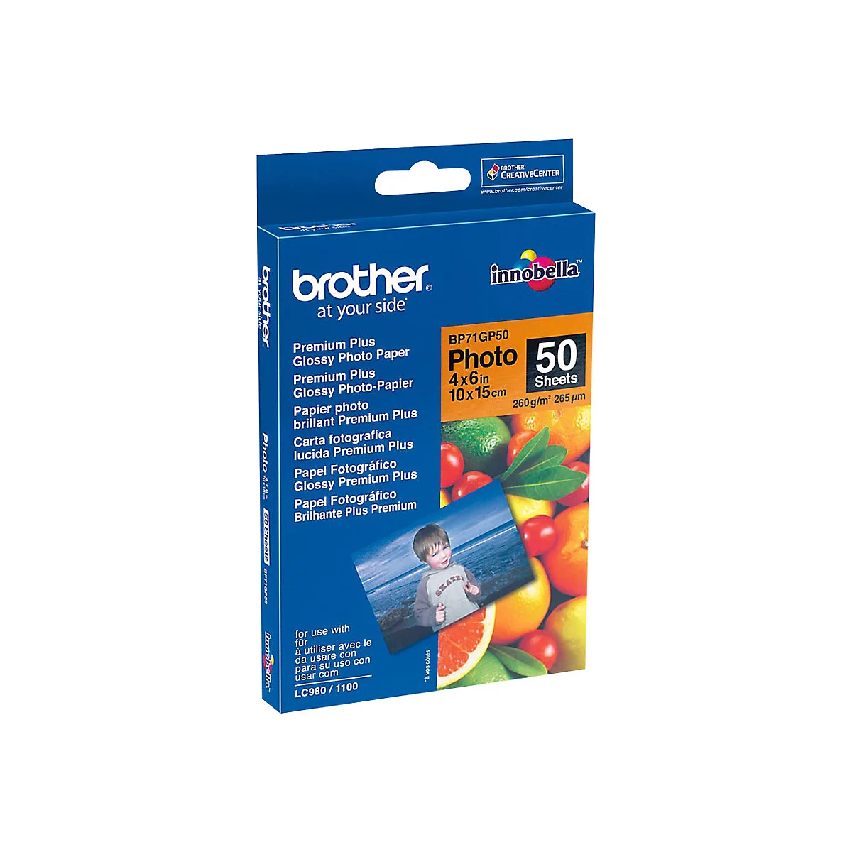 Blauer Karton mit Brother Fotopapier, 50 Blatt im Format 10x15 cm.