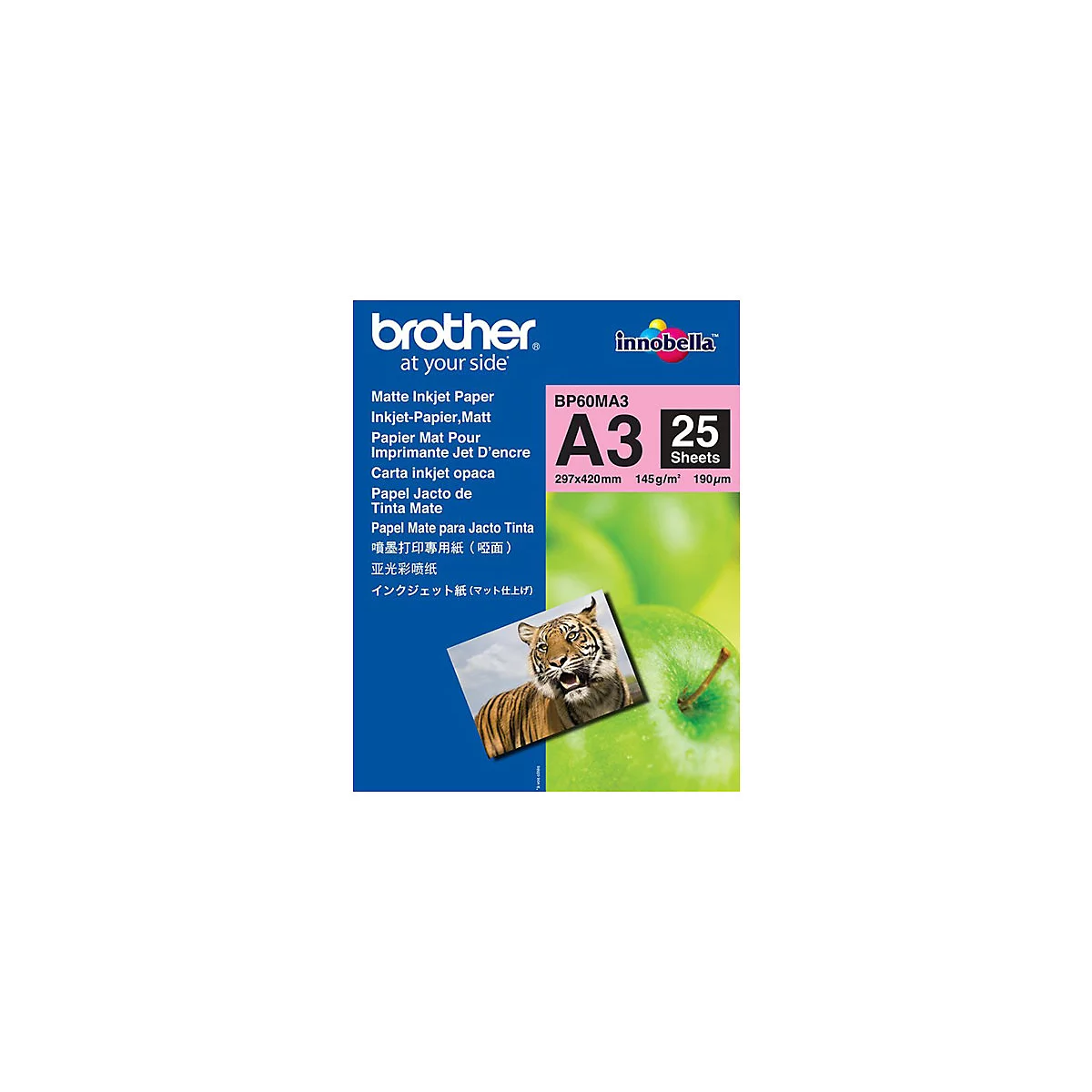 Brother Inkjet-Papier matt im A3-Format mit 25 Blatt. Packung zeigt Tiger-Foto vor grünem Apfelhintergrund.