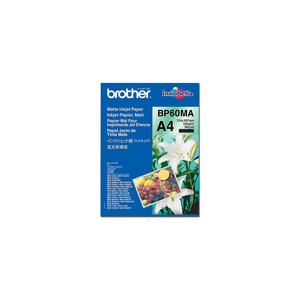 Brother BP60MA mattes A4-Tintenstrahlpapier in blauer Verpackung mit Abbildung weißer Lilien und einer Fruchtschale.