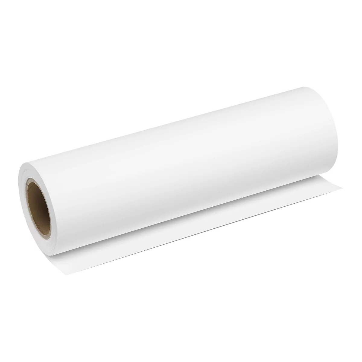 Eine aufgerollte Bahn weißes Papier auf einem braunen Pappkern vor weißem Hintergrund.