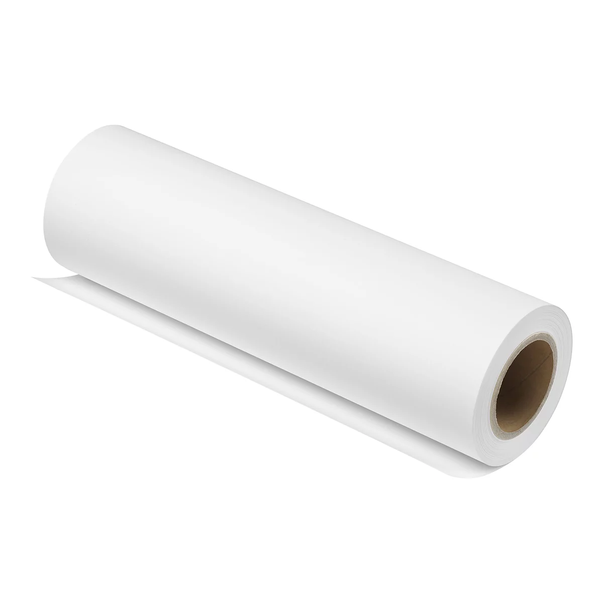 Eine weiße Papierrolle auf weißem Hintergrund mit braunem Pappkern.