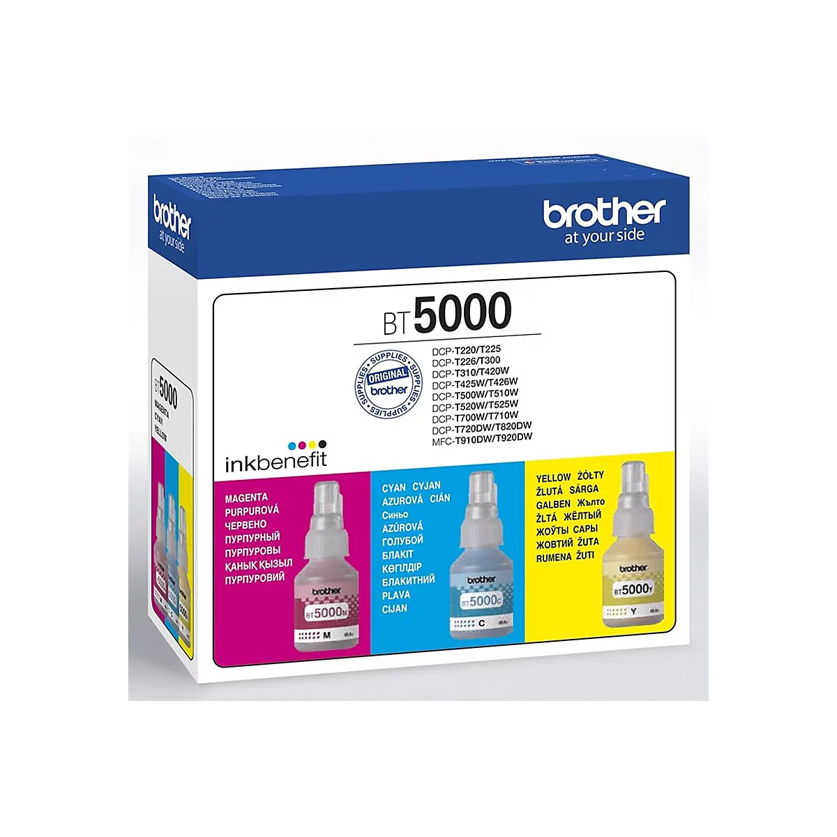 Produktverpackung für Brother BT5000 Tinten-Nachfüllflaschen in Magenta, Cyan und Gelb.