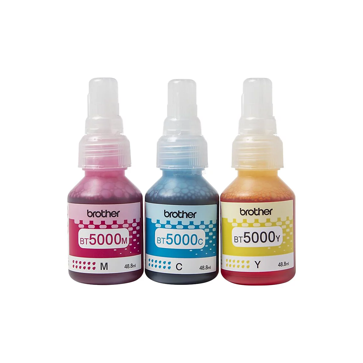 Drei Tintenflaschen in Magenta, Cyan und Gelb. Auf jeder Flasche steht 'brother', die Produktbezeichnung und die Füllmenge.
