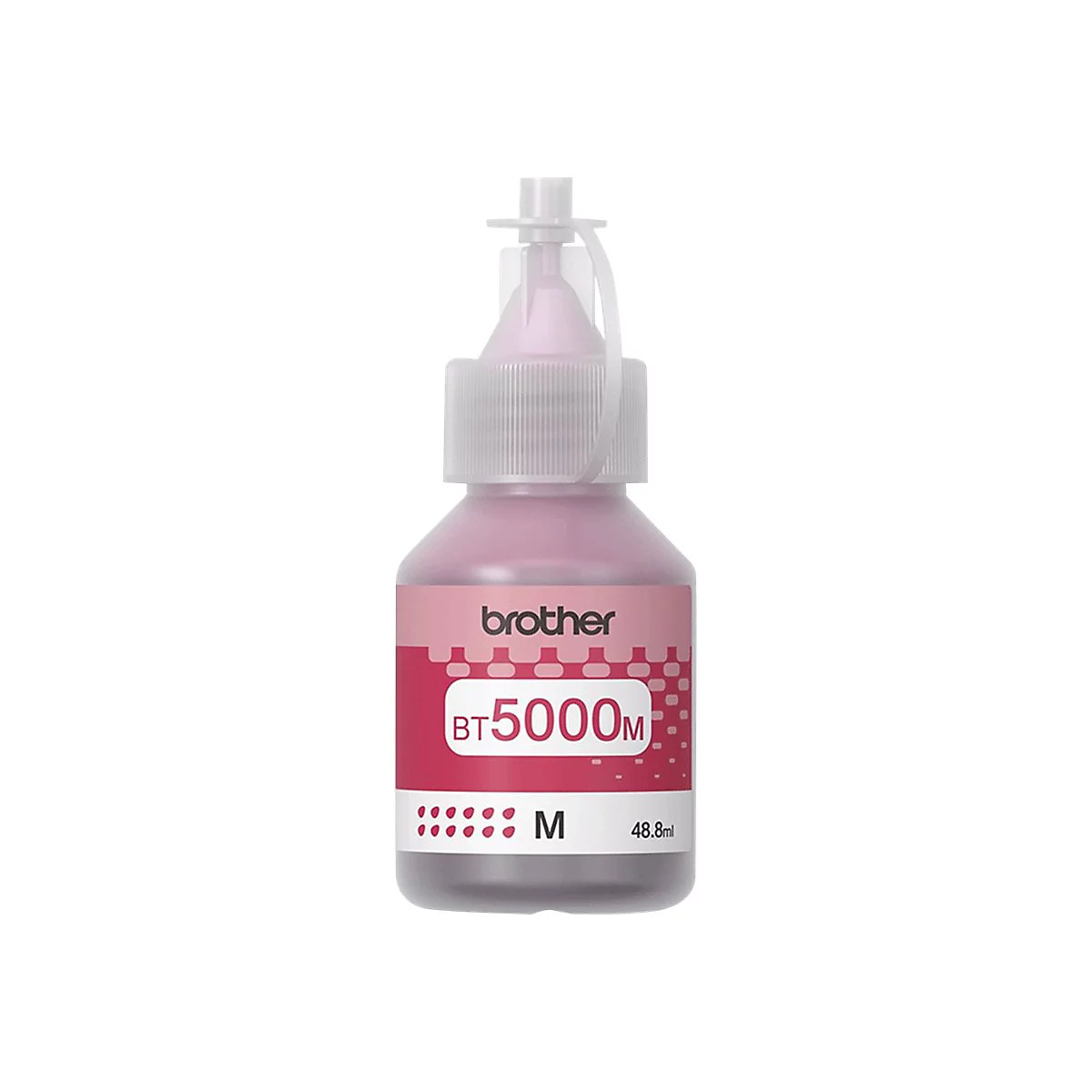 Eine rosa Brother BT5000M Tintennachfüllflasche mit Schraubverschluss vor weißem Hintergrund.