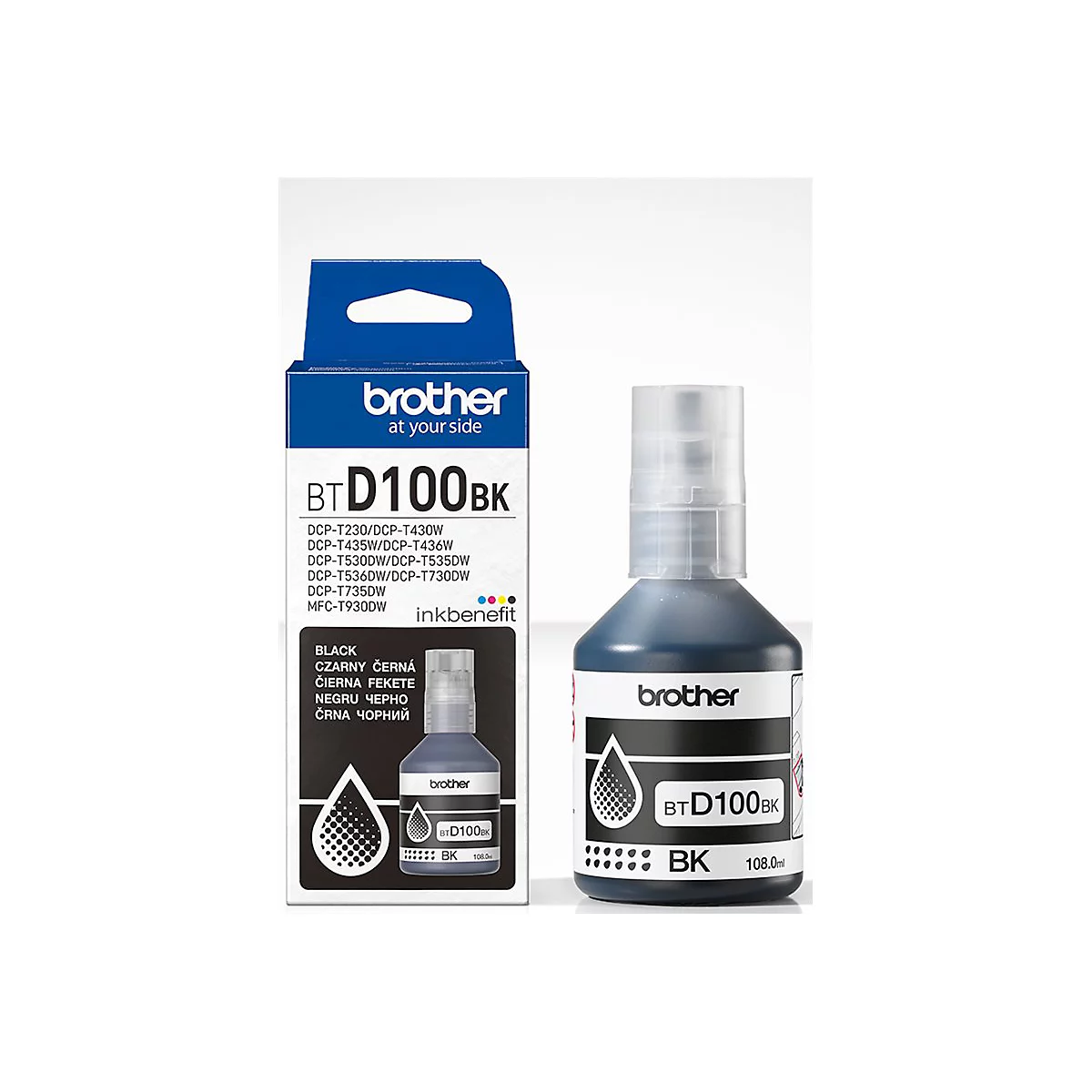Brother BTD100BK schwarze Tintenflasche neben der passenden blau-weißen Produktverpackung.