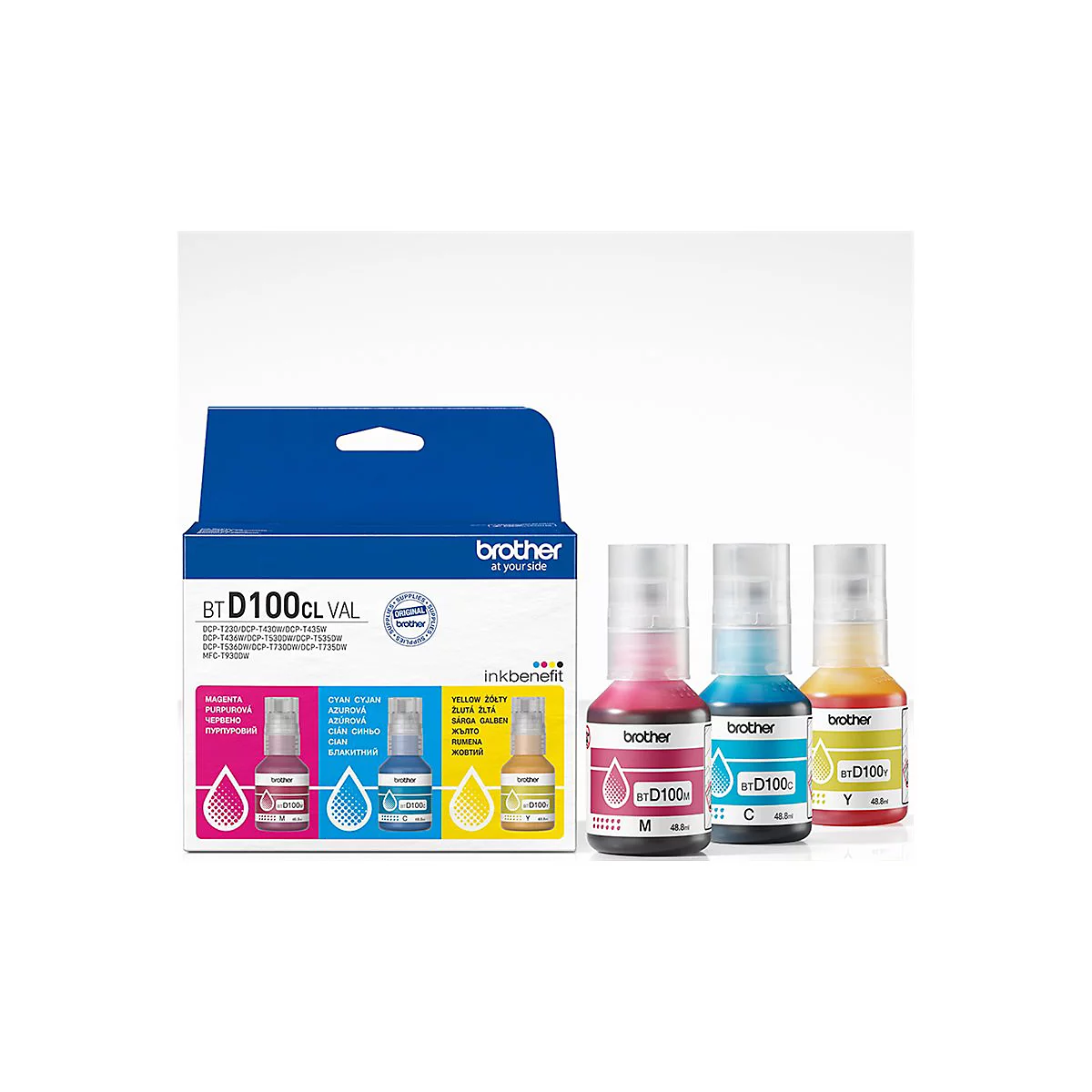 Brother BTD100CL Nachfülltinte Set mit Magenta, Cyan und Gelb Flaschen vor der Produktverpackung.